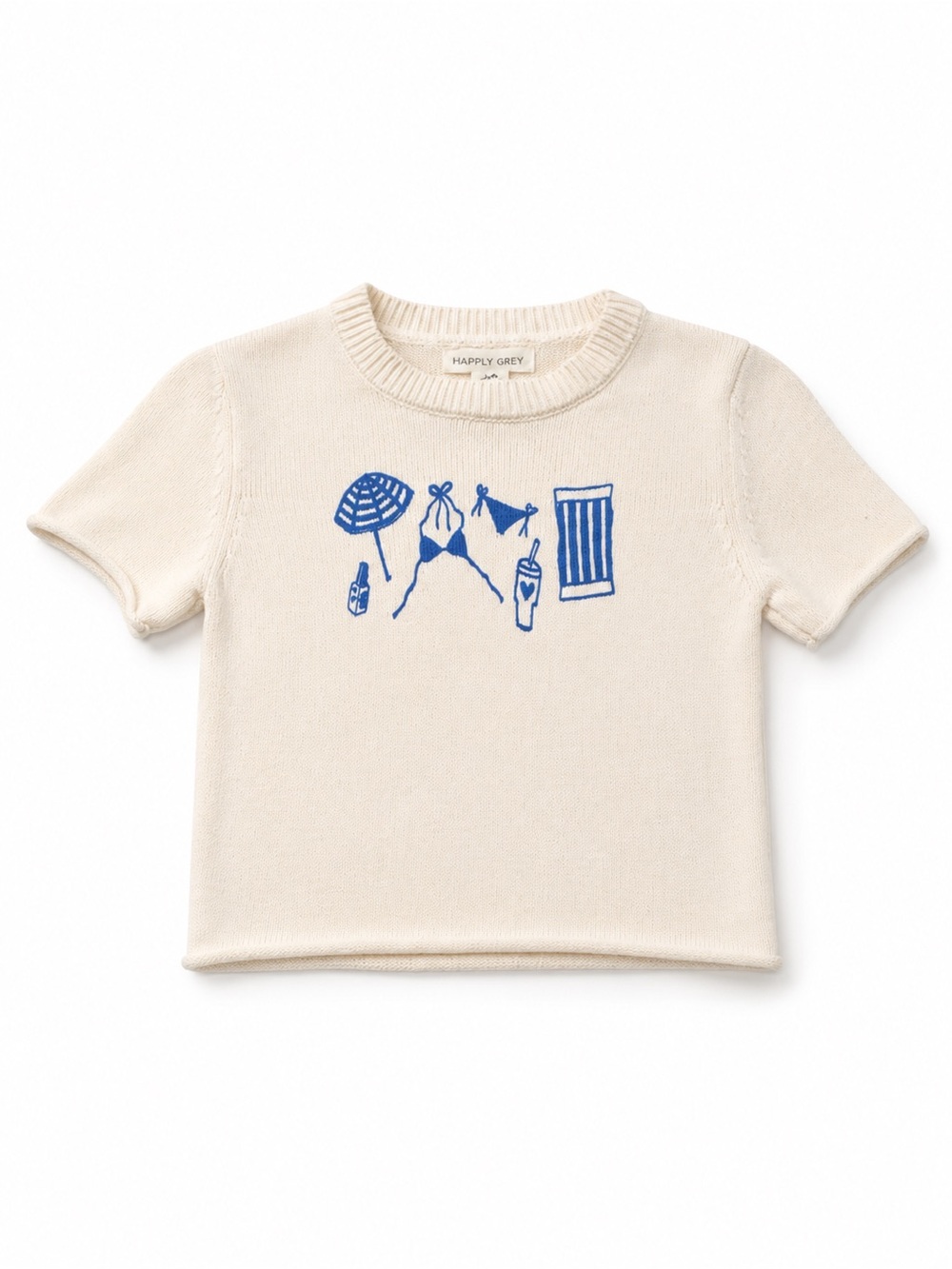 Happily Grey Cream Short Sleeve Knit Beach Graphic Crop Sweater XS